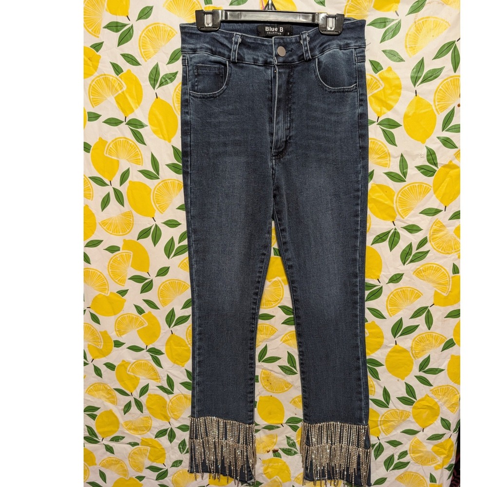 Blue B Collection Rhinestone Fringe‎ Jeans Womens Small Dk wash High Rise Skinny